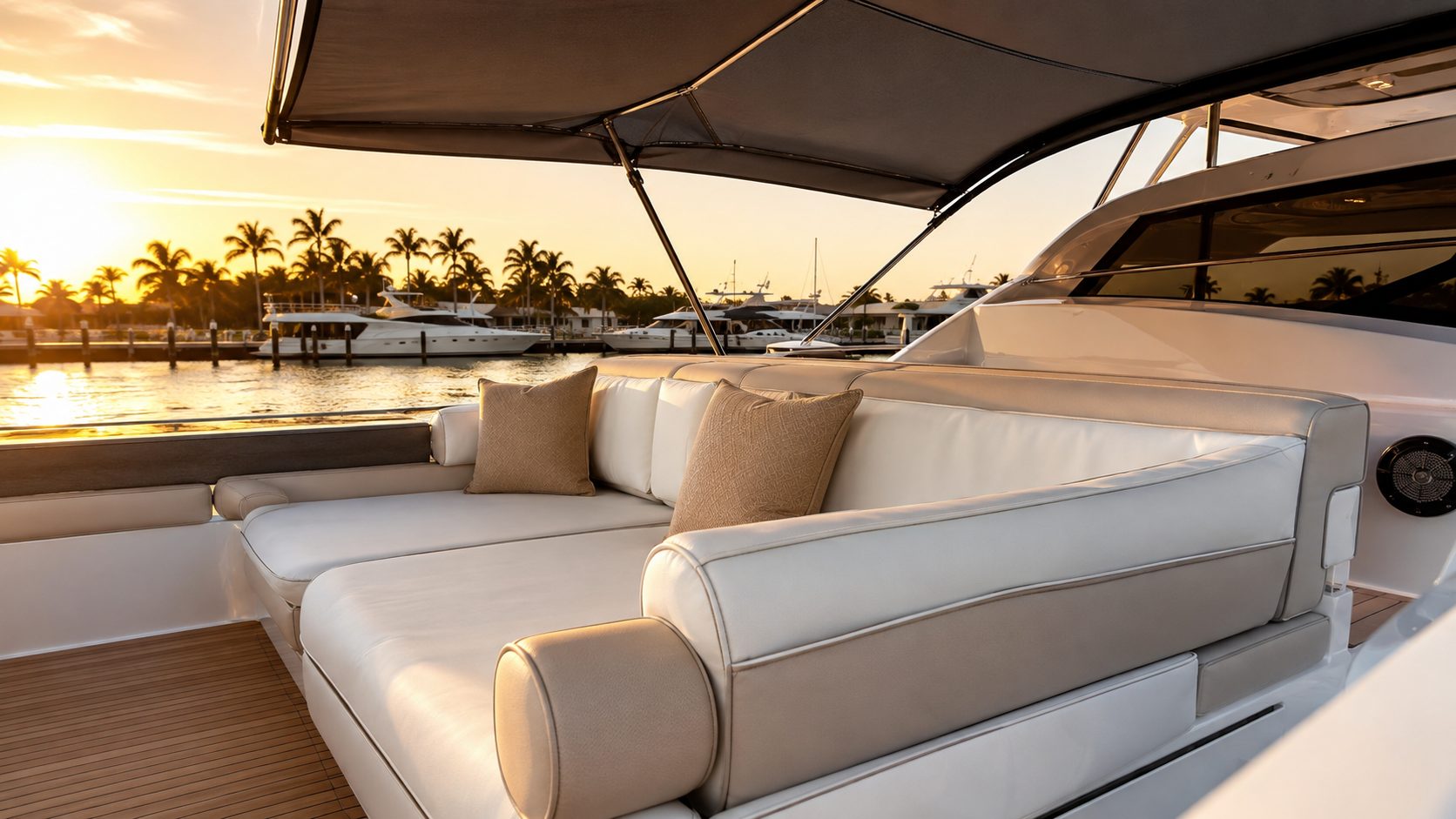 A boat cockpit with fitted cushions under a bimini at sunset