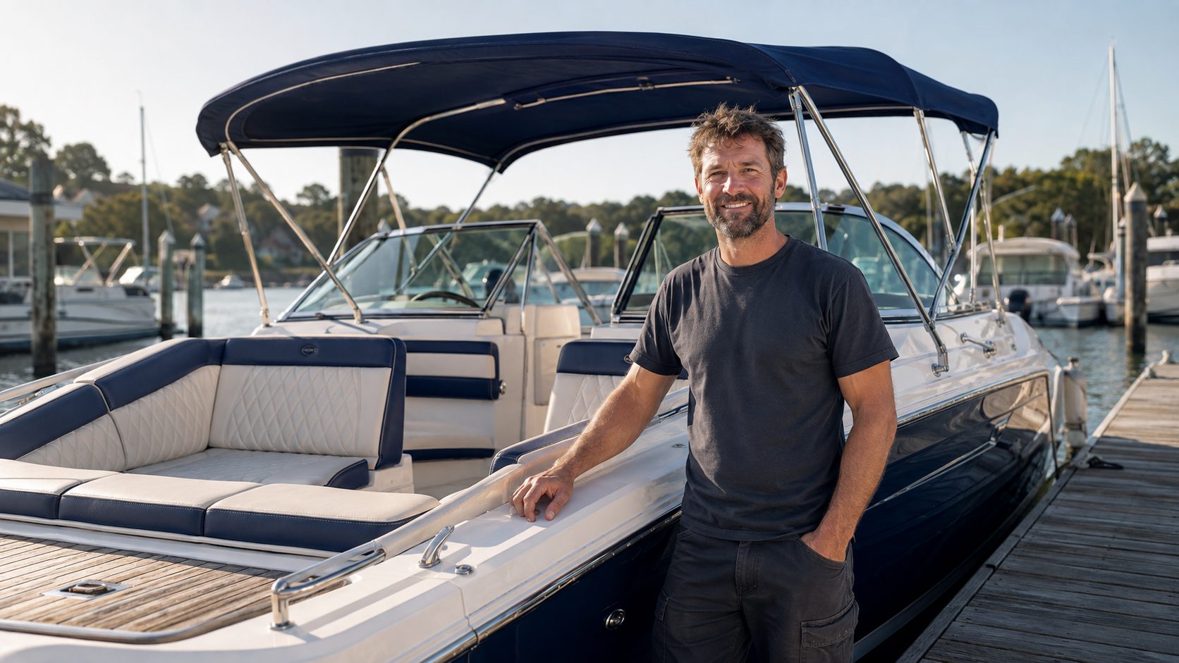 A canvas maker standing beside a boat with a fitted bimini and cushions