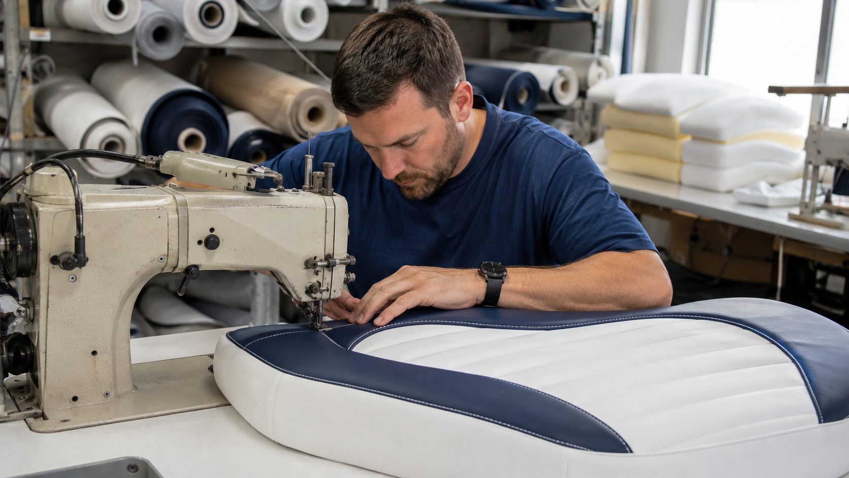 A canvas maker sewing an upholstered cushion on an industrial machine