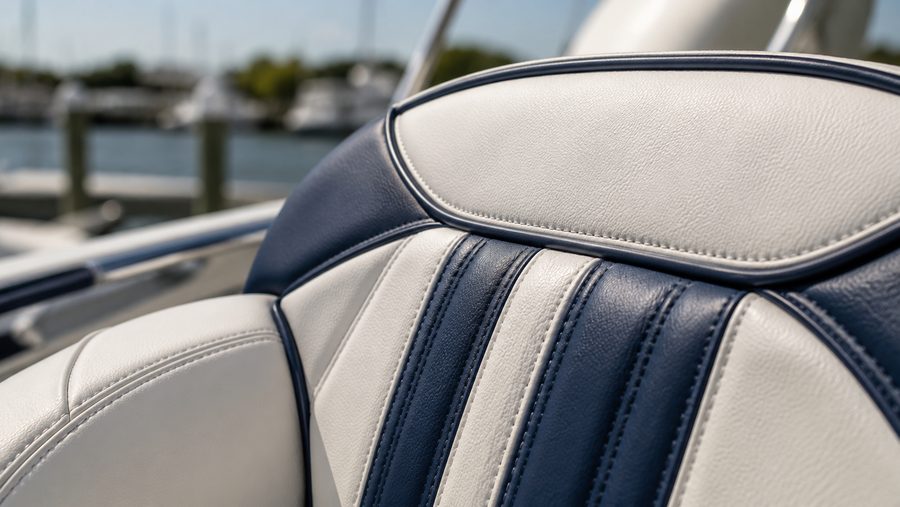 Close detail of a stitched navy and cream bolster